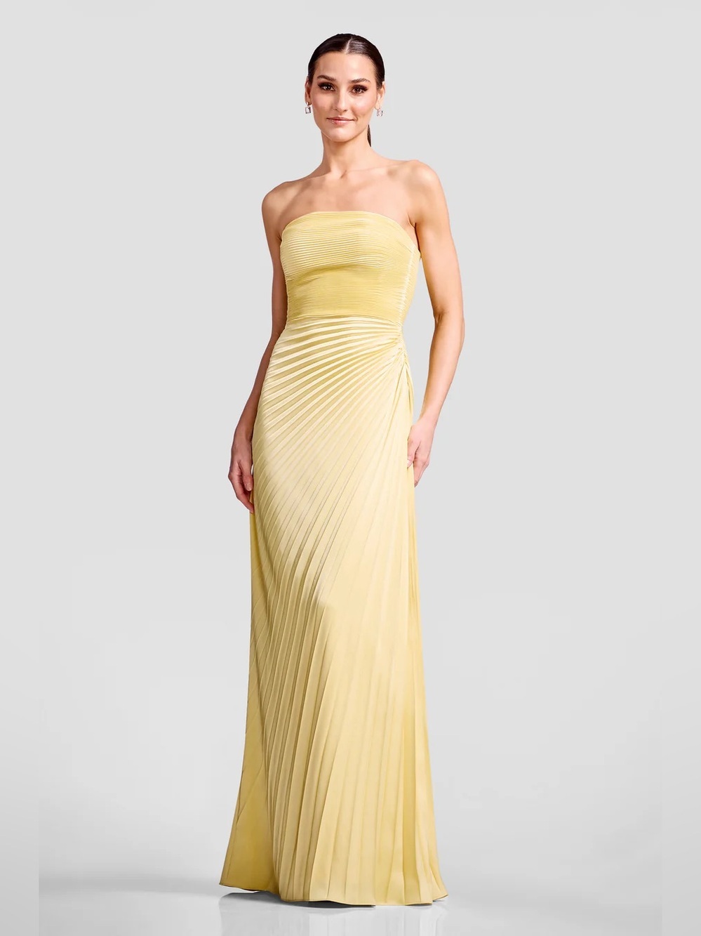 new Dress the Population Kinley pleated draped strapless gown Butter Yellow